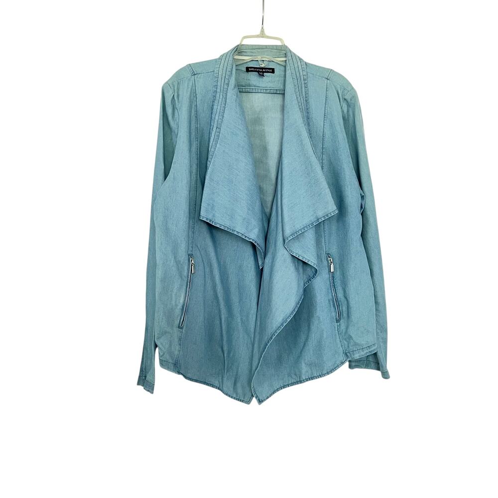 Saks Fifth Avenue Blue Chambray Denim Draped Waterfall Open Front Jacket Size XL